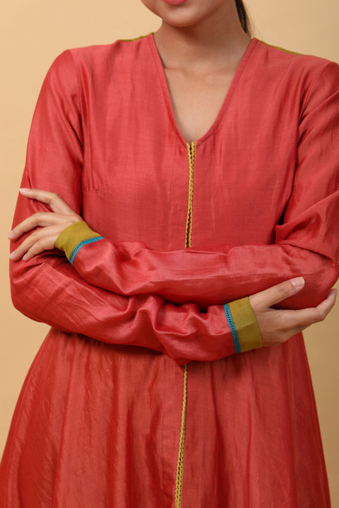 Premium Valentine Red Asymmetric Anarkali in Chanderi Handloom, Lime Yellow Pants in Cotton with Silver Stripes (Set of 2) -By Vinusto 
