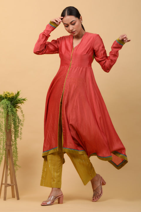 Shop Valentine Red Asymmetric Anarkali in Chanderi Handloom, Lime Yellow Pants in Cotton with Silver Stripes (Set of 2) -By Vinusto 