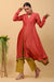 Valentine Red Asymmetric Anarkali in Chanderi Handloom, Lime Yellow Pants in Cotton with Silver Stripes (Set of 2)