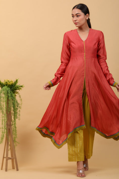 Buy Valentine Red Asymmetric Anarkali in Chanderi Handloom, Lime Yellow Pants in Cotton with Silver Stripes (Set of 2) -By Vinusto 