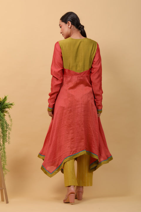 Valentine Red Asymmetric Anarkali in Chanderi Handloom, Lime Yellow Pants in Cotton with Silver Stripes, & Lime Chanderi Dupatta (Set of 3)