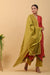 Valentine Red Asymmetric Anarkali in Chanderi Handloom, Lime Yellow Pants in Cotton with Silver Stripes, & Lime Chanderi Dupatta (Set of 3)