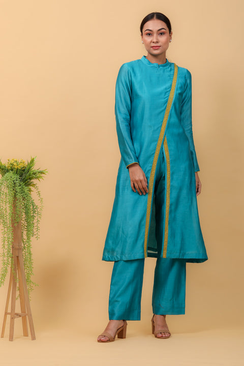 Buy Aqua Blue Overlap Kurta with Lace Inserts & Pants in Chanderi Handloom (Set of 2) - By Vinusto