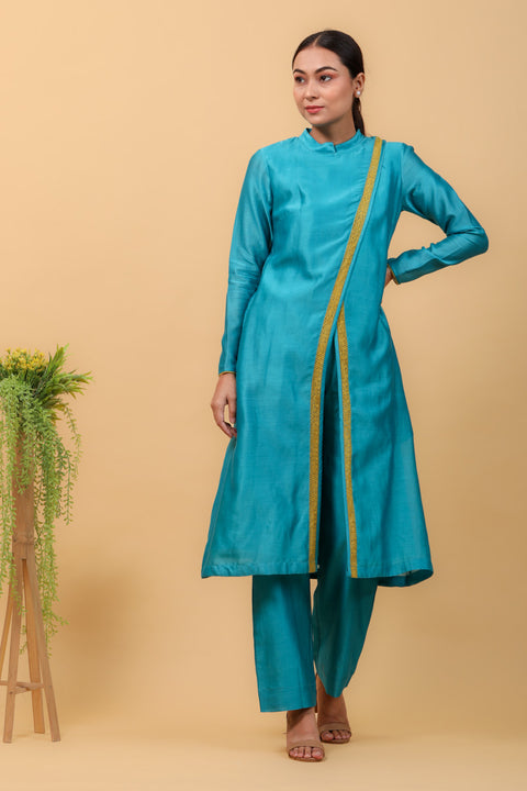 Premium Aqua Blue Overlap Kurta with Lace Inserts & Pants in Chanderi Handloom (Set of 2) - By Vinusto