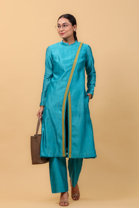 Order Aqua Blue Overlap Kurta with Lace Inserts & Pants in Chanderi Handloom (Set of 2) - By Vinusto