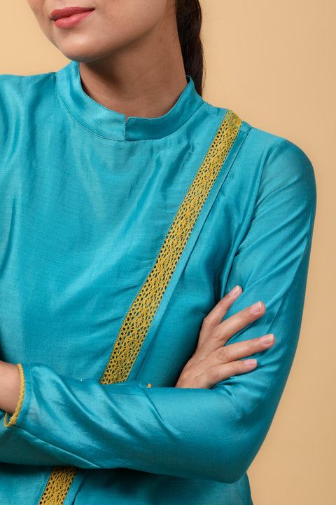 Luxury Aqua Blue Overlap Kurta with Lace Inserts & Pants in Chanderi Handloom (Set of 2) - By Vinusto