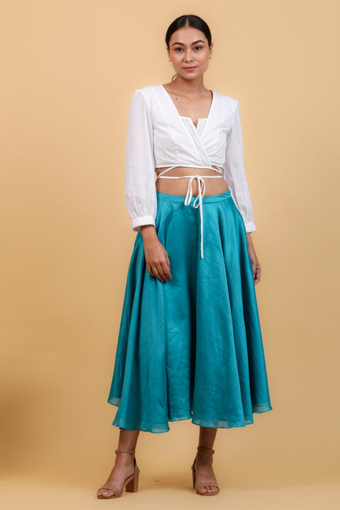 Shop White Cotton Wrap Top with Aqua Blue Chanderi Handloom Skirt (Set of 2) | Vinusto