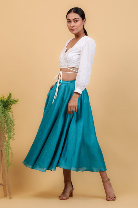 Order White Cotton Wrap Top with Aqua Blue Chanderi Handloom Skirt (Set of 2) | Vinusto