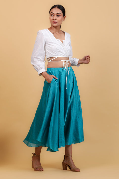 Buy White Cotton Wrap Top with Aqua Blue Chanderi Handloom Skirt (Set of 2) | Vinusto