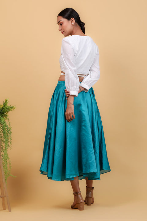 Handcraft White Cotton Wrap Top with Aqua Blue Chanderi Handloom Skirt (Set of 2) | Vinusto
