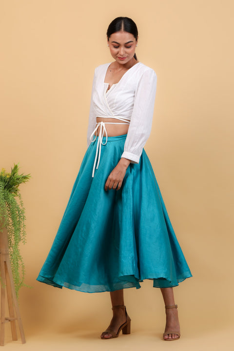 Premium White Cotton Wrap Top with Aqua Blue Chanderi Handloom Skirt (Set of 2) | Vinusto