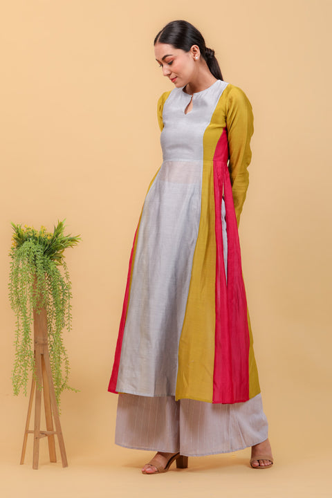 Color Blocked Chanderi Handloom Anarkali Kurta, Cotton Palazzo, with Pink Dupatta (Set of 3)