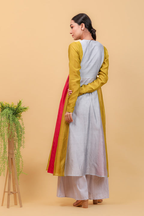 Handcrafted Color Blocked Chanderi Handloom Anarkali Kurta, Cotton Palazzo, with Pink Dupatta (Set of 3) - By Vinusto