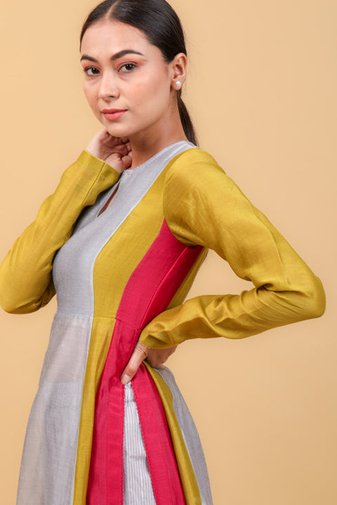 Luxury Color Blocked Chanderi Handloom Anarkali Kurta, Cotton Palazzo, with Pink Dupatta (Set of 3) - By Vinusto