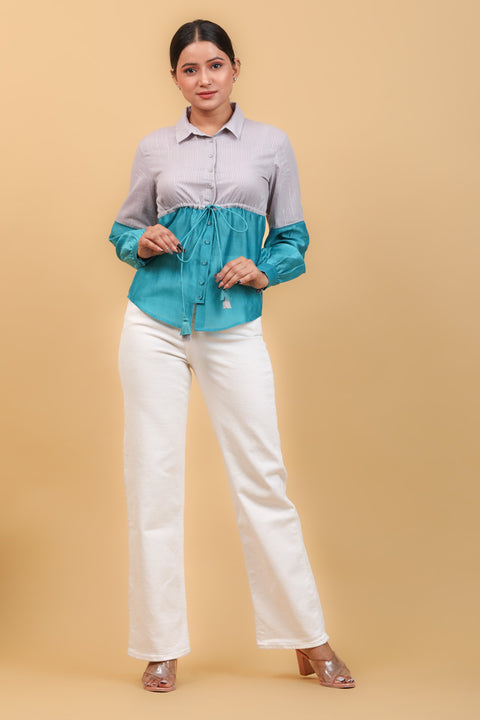 Color Block Shirt with String in Aqua Blue Chanderi & Gray Cotton