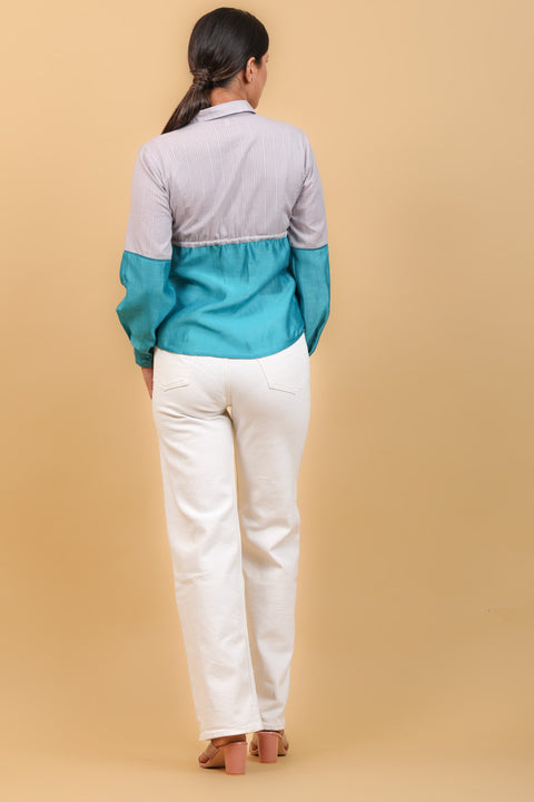 Premium Color-Block Shirt with String in Aqua Blue Chanderi & Gray Cotton | Vinusto