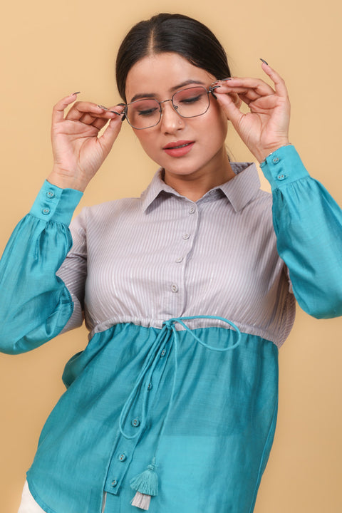 Buy Color-Block Shirt with String in Aqua Blue Chanderi & Gray Cotton | Vinusto