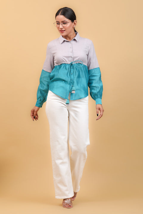 Order Color-Block Shirt with String in Aqua Blue Chanderi & Gray Cotton | Vinusto
