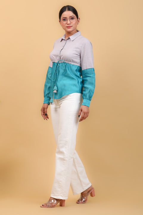 Luxury Color-Block Shirt with String in Aqua Blue Chanderi & Gray Cotton | Vinusto