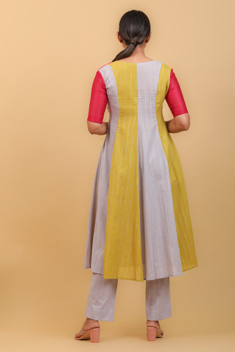 Premium V Neck Paneled Kurta in Grey, Lime & Pink, Cotton Pants & Chanderi Dupatta (Set of 3) - By Vinusto