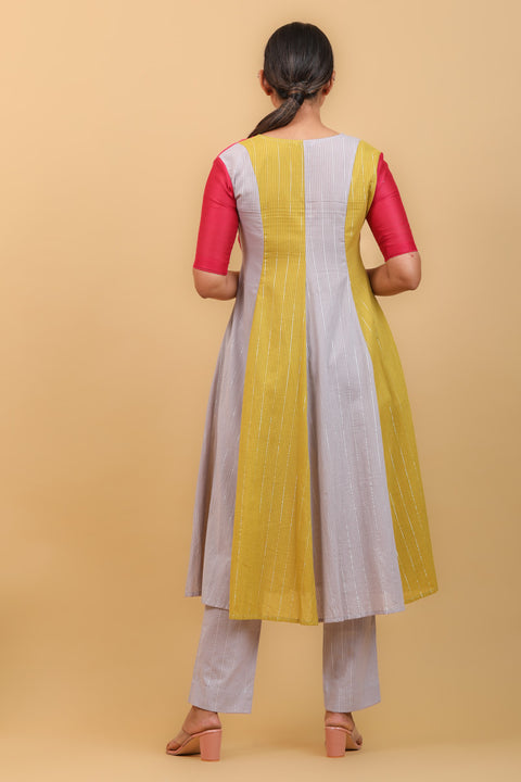 Multi Colored V Neck Paneled Kurta, Grey Pants in Chanderi & Cotton With Silver Stripes (Set of 2)