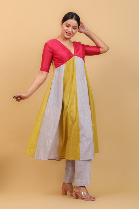 Buy Multi Colored V Neck Paneled Kurta, Grey Pants in Chanderi & Cotton With Silver Stripes (Set of 2) - By Vinusto