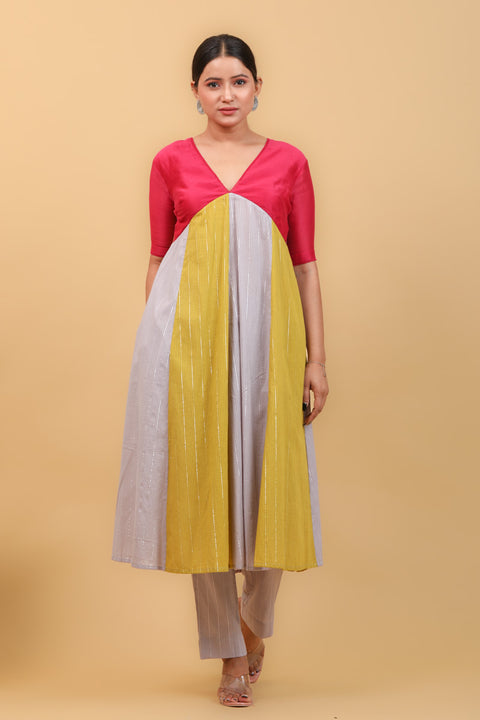 Order V Neck Paneled Kurta in Grey, Lime & Pink, Cotton Pants & Chanderi Dupatta (Set of 3) - By Vinusto