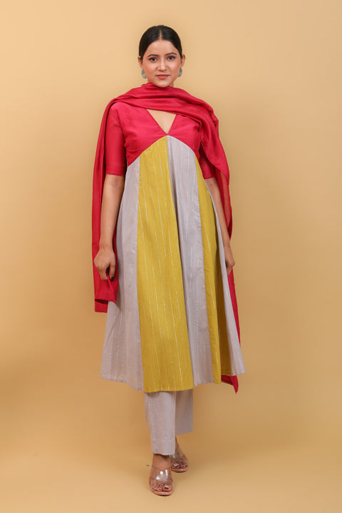 Buy V Neck Paneled Kurta in Grey, Lime & Pink, Cotton Pants & Chanderi Dupatta (Set of 3) - By Vinusto