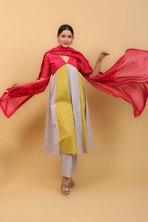 Shop V Neck Paneled Kurta in Grey, Lime & Pink, Cotton Pants & Chanderi Dupatta (Set of 3) - By Vinusto