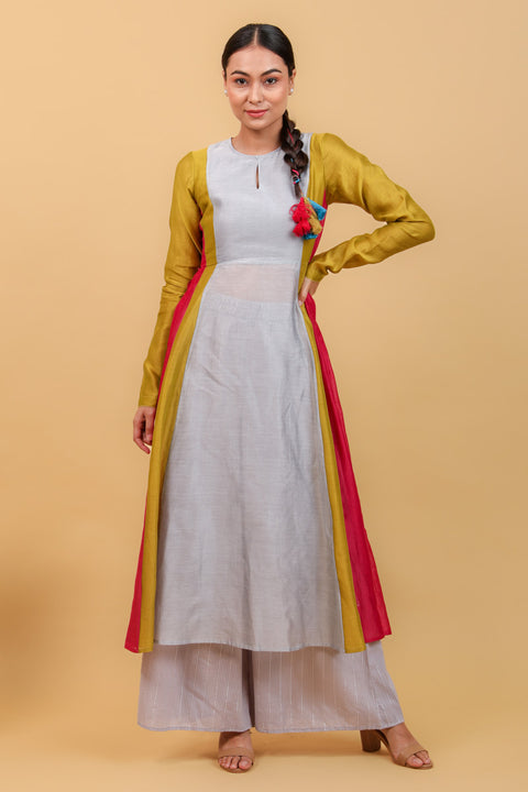 Buy Color Blocked Chanderi Handloom Anarkali Kurta, Cotton Palazzo, with Pink Dupatta (Set of 3) - By Vinusto