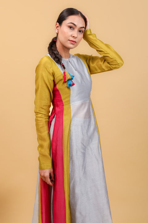 Premium Color Blocked Chanderi Handloom Anarkali Kurta, Cotton Palazzo, with Pink Dupatta (Set of 3) - By Vinusto