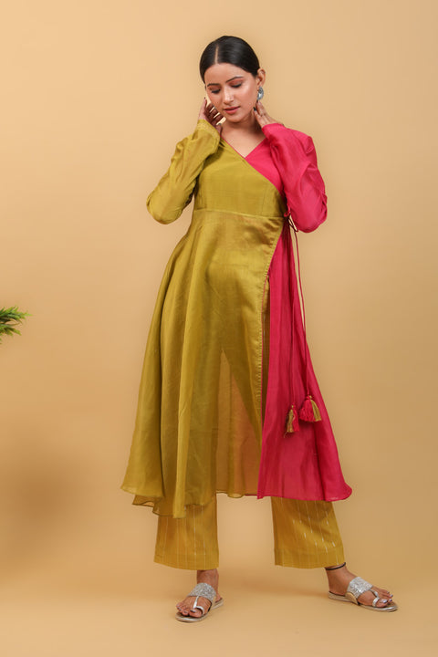 Shop Lime Yellow & Pink Color Block Anarkali Kurta in Chanderi Handloom With Cotton Pants (Set of 2) - By Vinusto