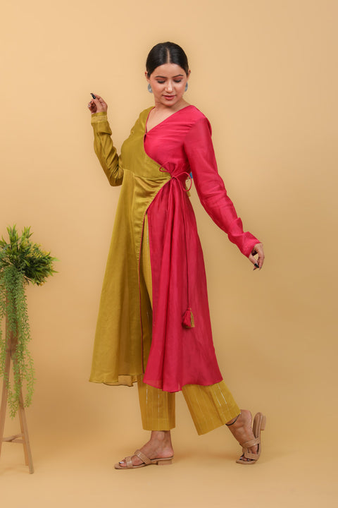 Order Lime Yellow & Pink Color Block Anarkali in Chanderi Handloom With Cotton Pants & Chanderi Dupatta (Set of 3) - By Vinusto 