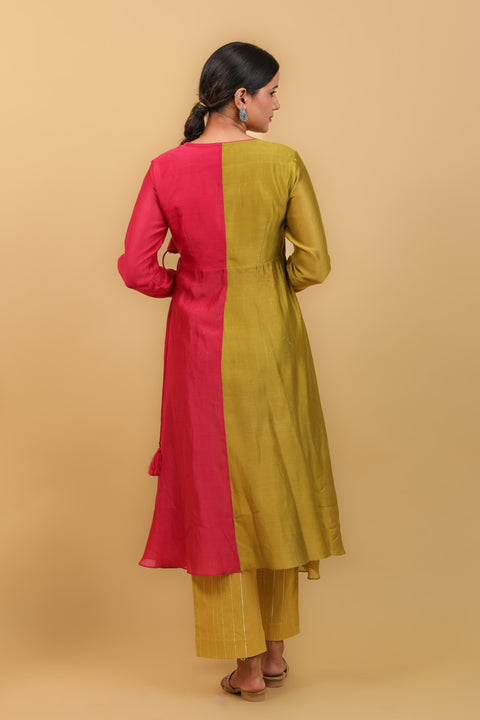 Handcrafted Lime Yellow & Pink Color Block Anarkali in Chanderi Handloom With Cotton Pants & Chanderi Dupatta (Set of 3) - By Vinusto 