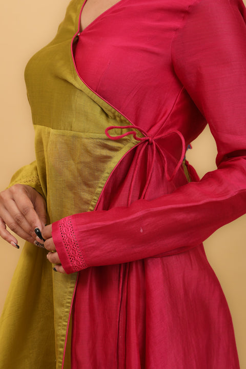 Luxury Lime Yellow & Pink Color Block Anarkali in Chanderi Handloom With Cotton Pants & Chanderi Dupatta (Set of 3) - By Vinusto 