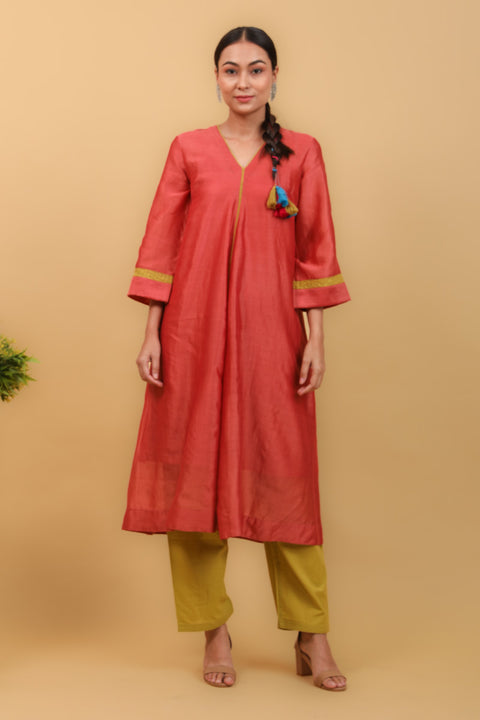 Valentine Red Flared Kurta in Chanderi Handloom with Lime Yellow Cotton Salwar (Set of 3)