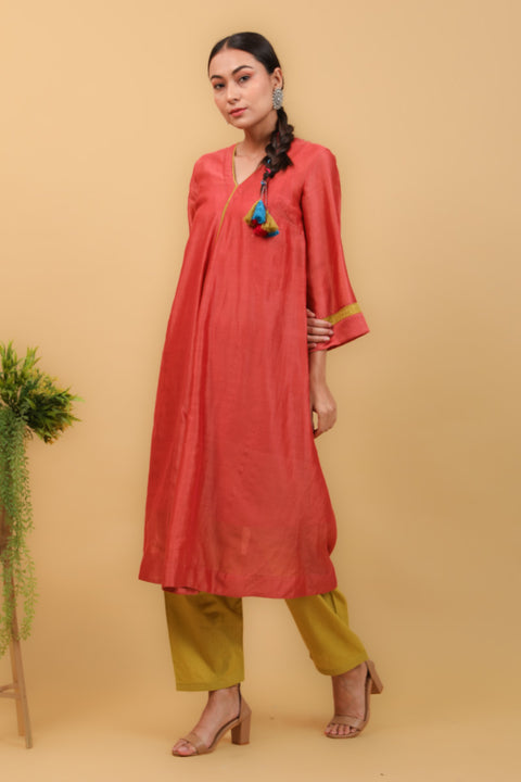Valentine Red Flared Kurta in Chanderi Handloom with Lime Yellow Cotton Salwar (Set of 3)