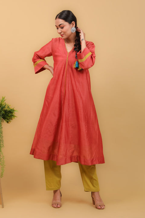 Valentine Red Flared Kurta in Chanderi Handloom with Lime Yellow Cotton Salwar (Set of 3)