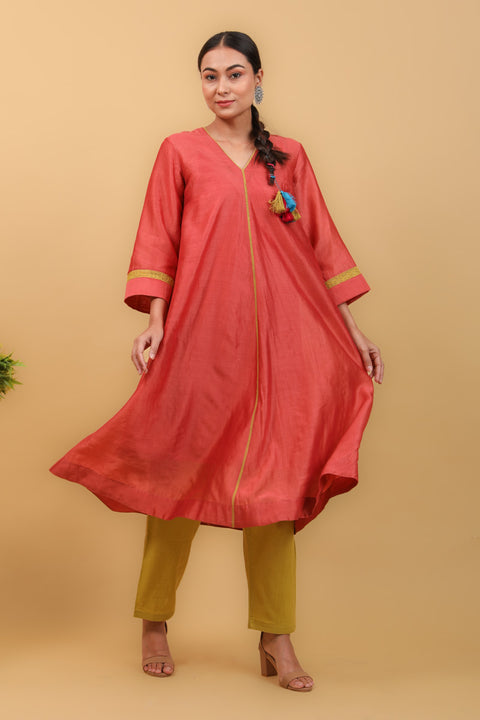 Valentine Red Flared Kurta in Chanderi Handloom with Lime Yellow Cotton Salwar (Set of 3)