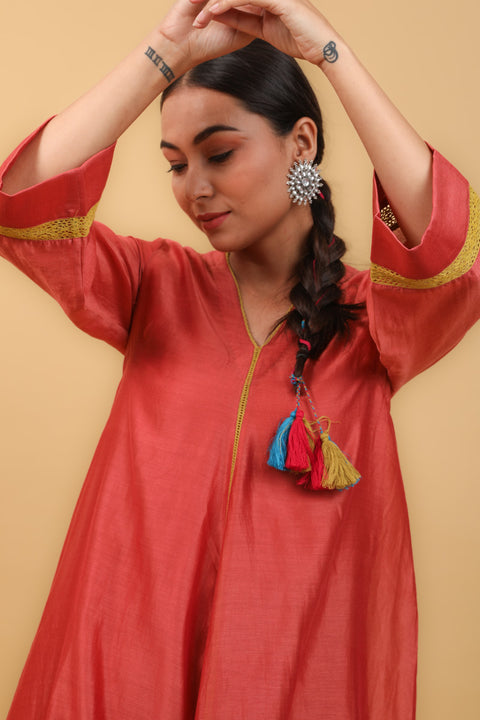 Valentine Red Flared Kurta in Chanderi Handloom with Lime Yellow Cotton Salwar (Set of 3)
