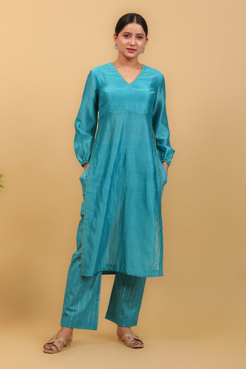 Shop Aqua Blue & Lime Yellow High Slit Kurta with Stylized Back in Chanderi Handloom, Cotton Pants (Set of 2) - By Vinusto