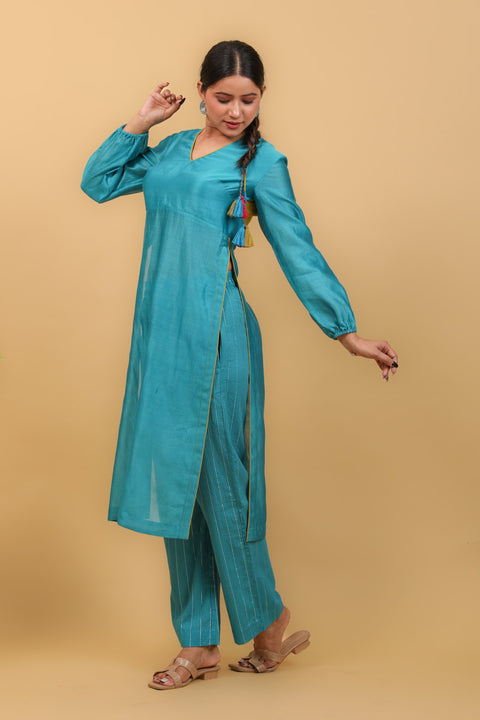 Order Aqua Blue & Lime Yellow High Slit Kurta with Stylized Back in Chanderi Handloom, Cotton Pants (Set of 2) - By Vinusto