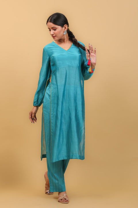 Buy Aqua Blue & Lime Yellow High Slit Kurta with Stylized Back in Chanderi Handloom, Cotton Pants (Set of 2) - By Vinusto
