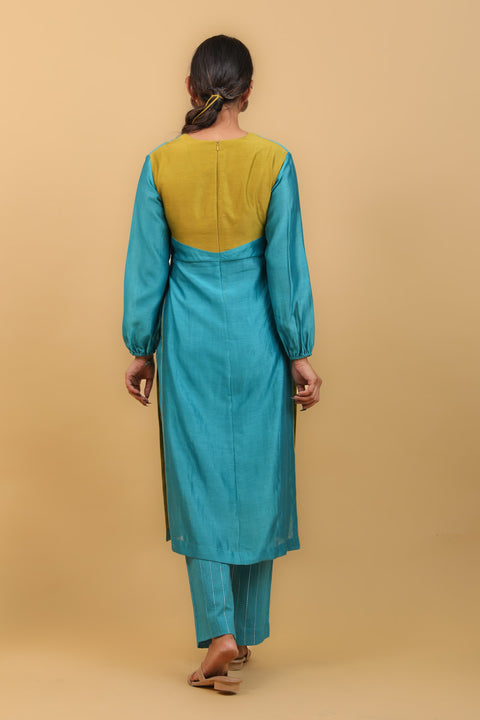 Premium Aqua Blue & Lime Yellow High Slit Kurta with Stylized Back in Chanderi Handloom, Cotton Pants (Set of 2) - By Vinusto