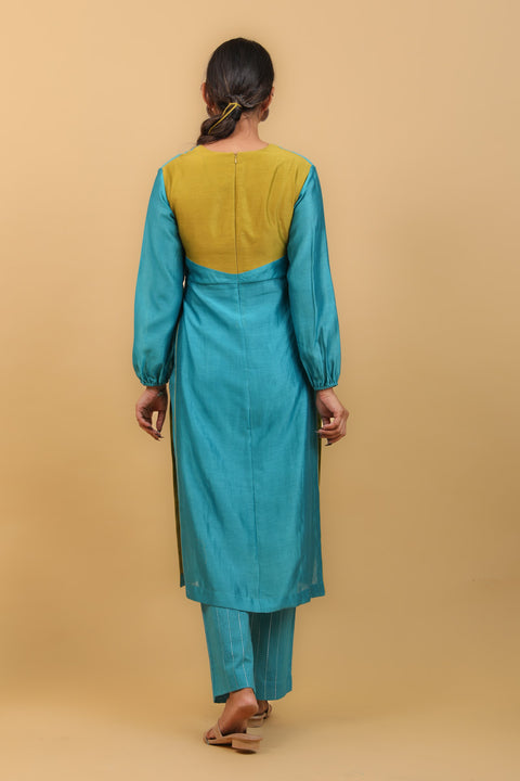 Aqua Blue & Lime Yellow High Slit Kurta with Stylized Back in Chanderi Handloom, Cotton Pants (Set of 2)