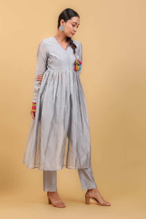 Buy Grey & Lime Yellow Anarkali Kurta Set With Tissue Handloom Dupatta (Set of 3) - By Vinusto