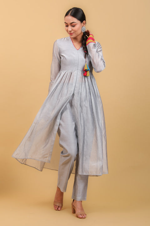 Order Grey & Lime Yellow Anarkali Kurta Set With Tissue Handloom Dupatta (Set of 3) - By Vinusto