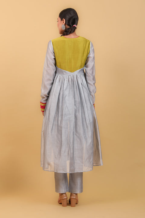 Premium Grey & Lime Yellow Anarkali Kurta Set With Tissue Handloom Dupatta (Set of 3) - By Vinusto