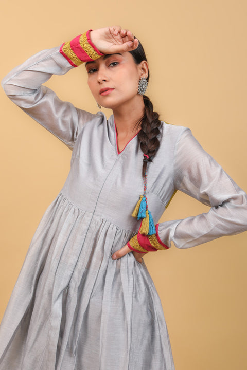 Luxury Grey & Lime Yellow Anarkali Kurta Set With Tissue Handloom Dupatta (Set of 3) - By Vinusto