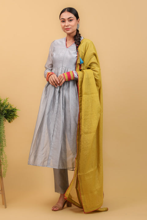 Shop Grey & Lime Yellow Anarkali Kurta Set With Tissue Handloom Dupatta (Set of 3) - By Vinusto